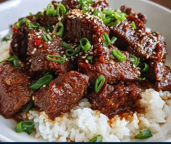 Delicious slow cooker Korean beef served with rice and vegetables