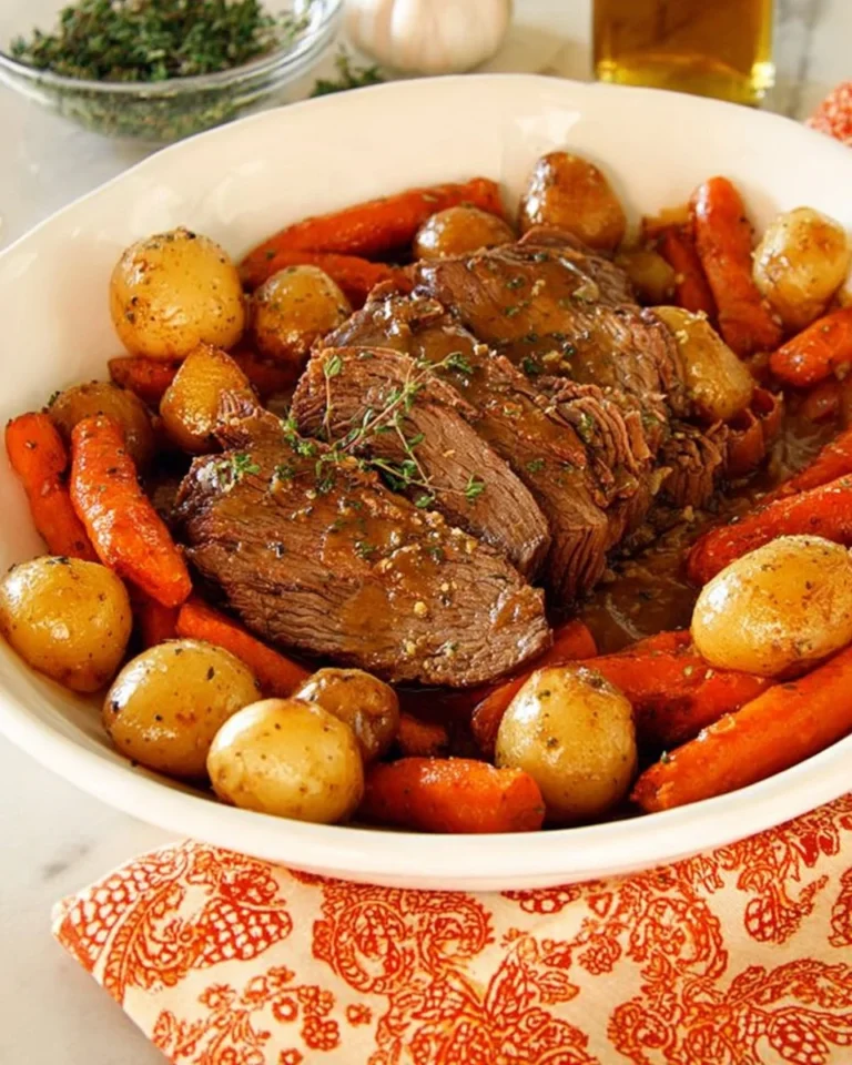 Slow-cooked pot roast served with vegetables in a bowl
