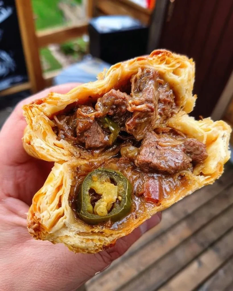 Delicious smoked brisket pie topped with golden crust and served with sides