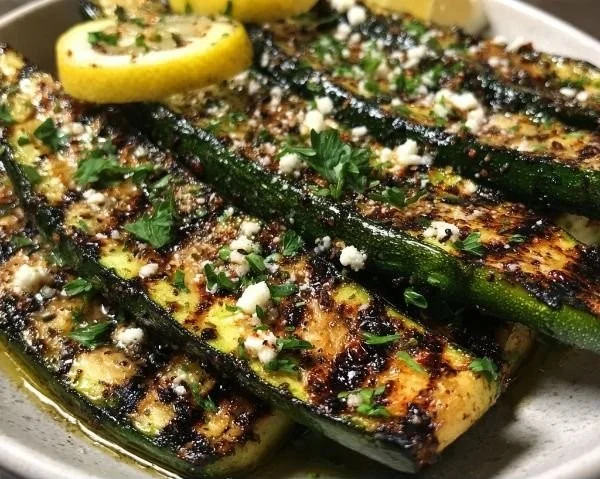 Delicious smoky Mediterranean grilled zucchini served on a plate