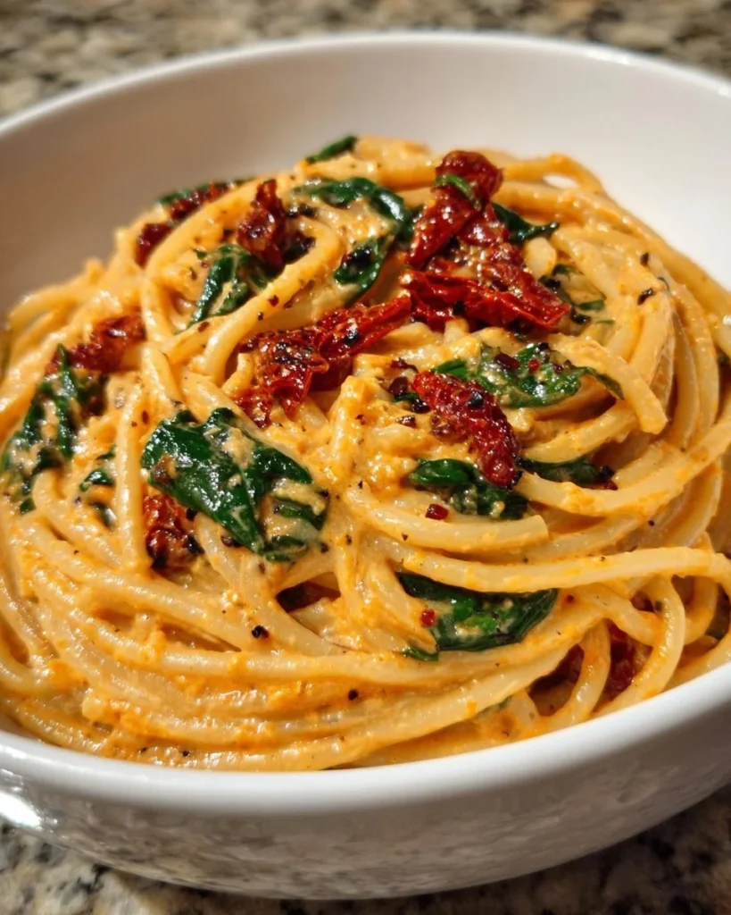 Plate of spaghetti and spinach topped with sun-dried tomato cream sauce