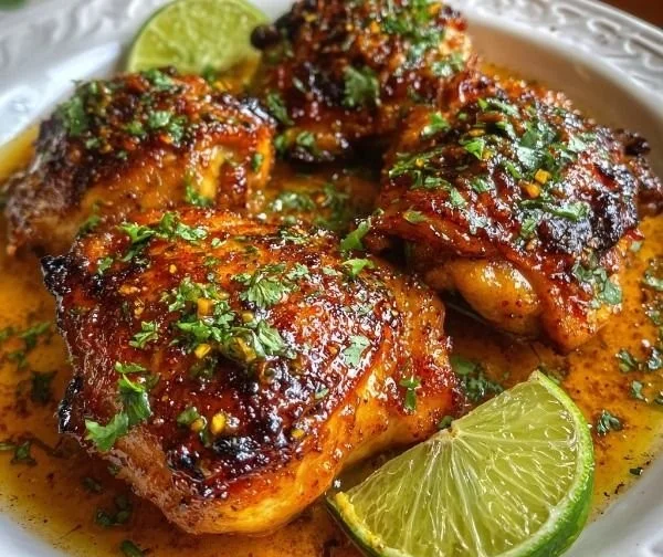 Delicious spicy honey-lime chicken garnished with herbs