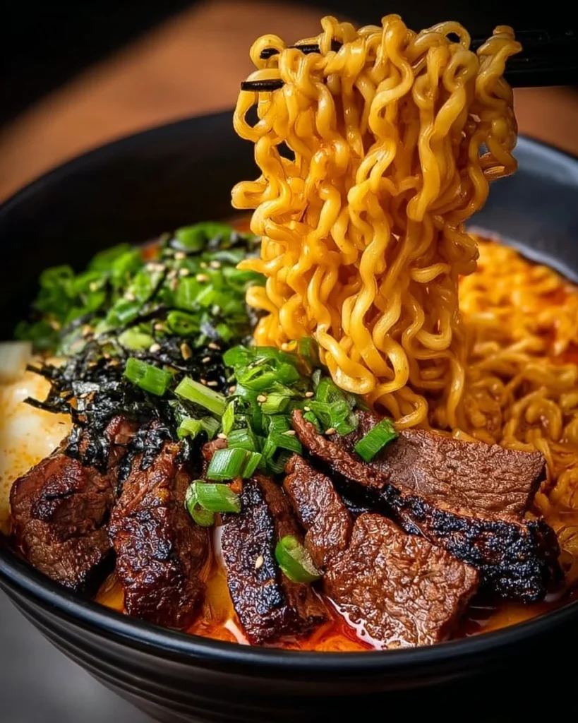 Bowl of spicy Korean ramen topped with grilled beef and vegetables