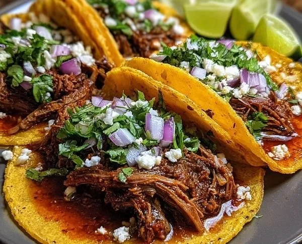 Delicious birria tacos topped with fresh herbs and served with broth.