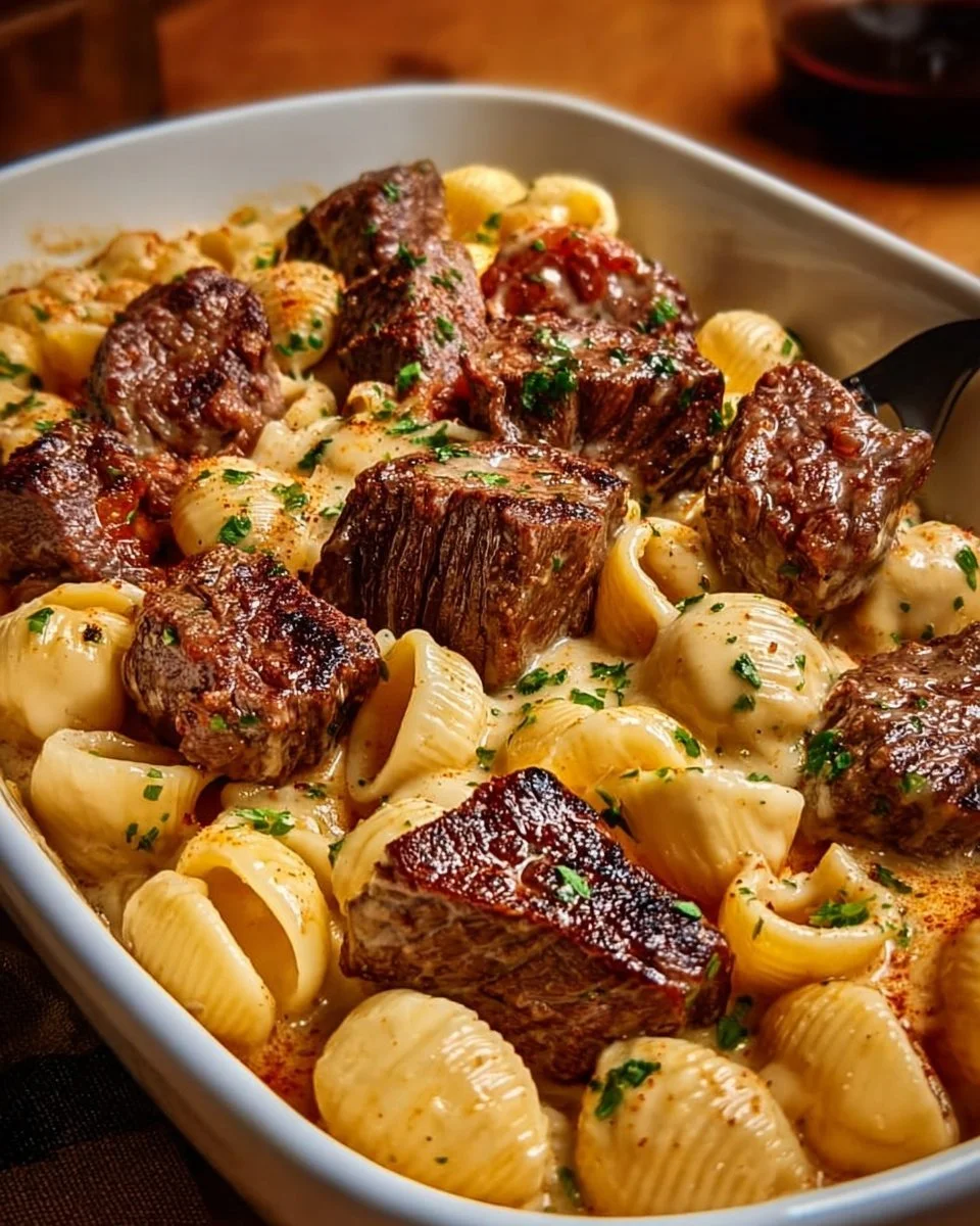Steak bites served with garlic butter Alfredo sauce on a plate.