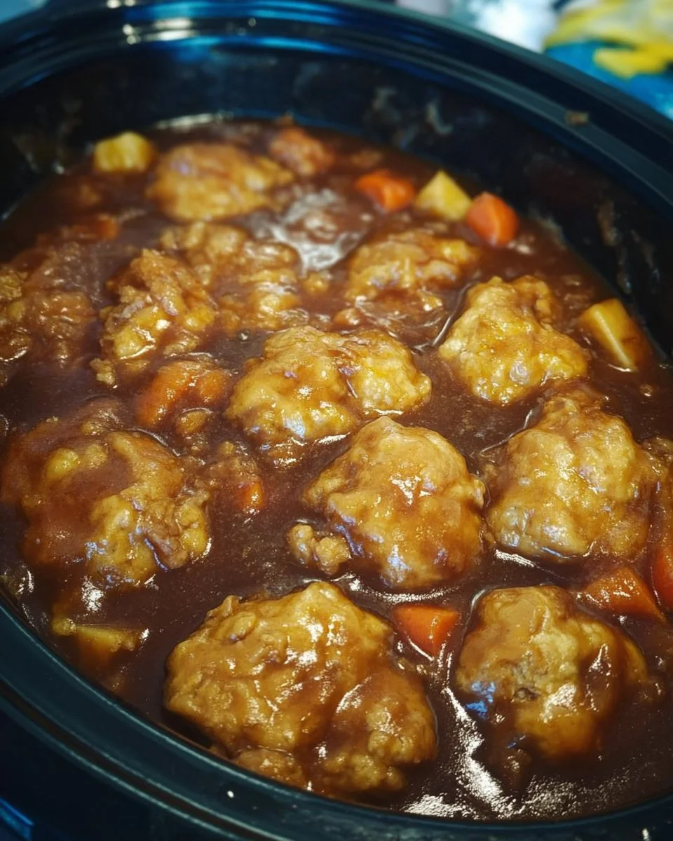 A warm bowl of stew and dumplings served with fresh herbs
