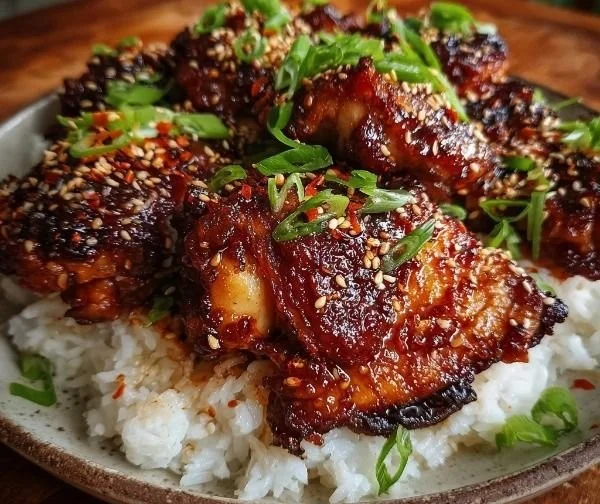 Delicious Sticky Honey Gochujang Chicken dish garnished and ready to serve