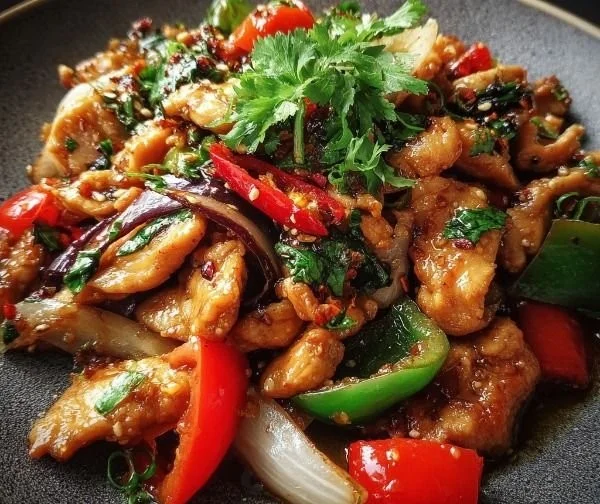 Stir-fried Chinese garlic chicken served with vegetables on a plate