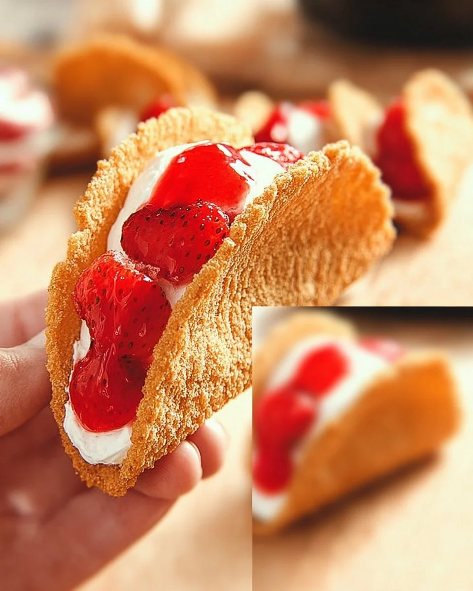 Delicious strawberry cheesecake tacos on a plate, topped with fresh strawberries