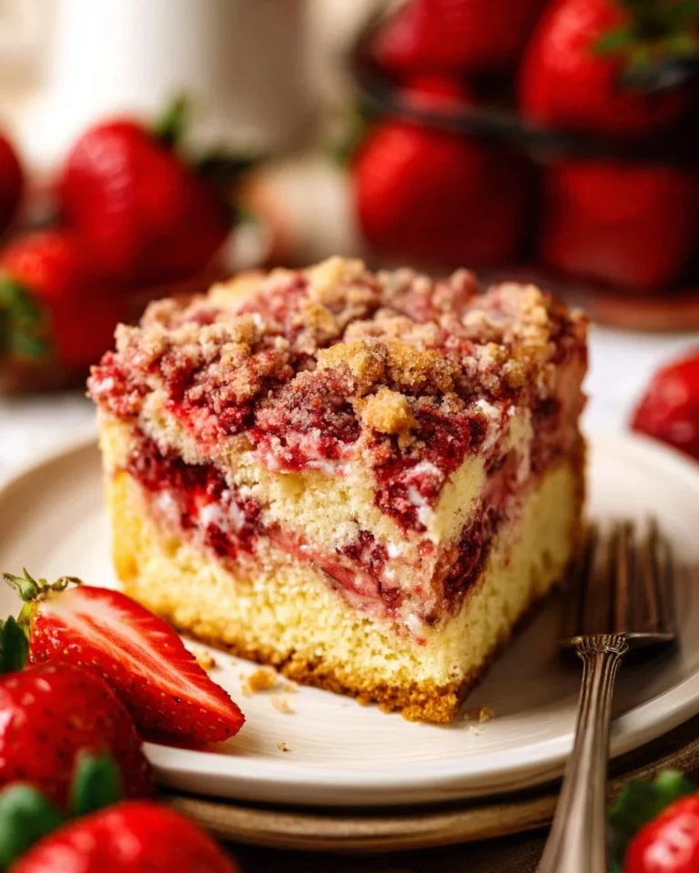 Delicious Strawberry Crunch Cake with fresh strawberries and crunchy topping
