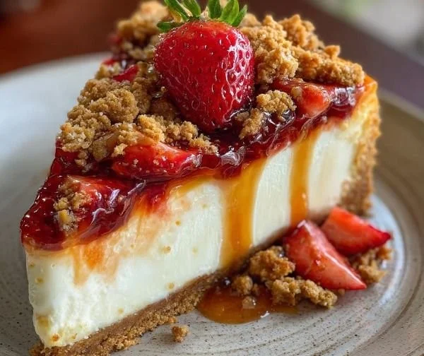 Delicious Strawberry Crunch Cheesecake with creamy filling and strawberry topping