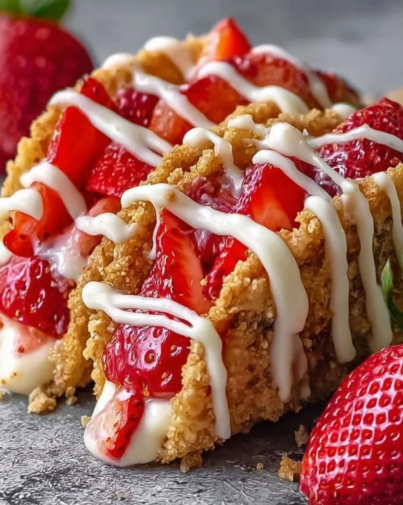 Strawberry crunch cheesecake tacos topped with fresh strawberries and whipped cream.