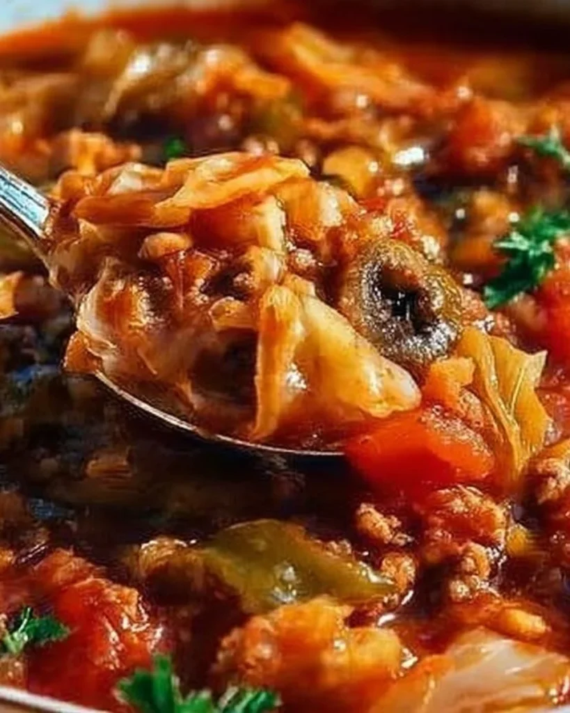 Bowl of hearty stuffed cabbage soup garnished with herbs and spices