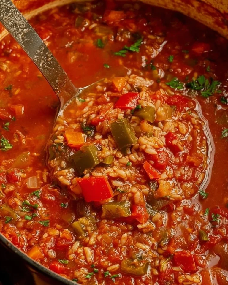 Bowl of savory Stuffed Pepper Soup topped with fresh herbs and spices