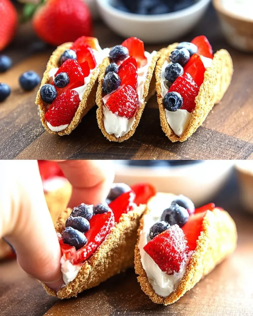 Summer berry cheesecake tacos with fresh fruit topping on a plate.