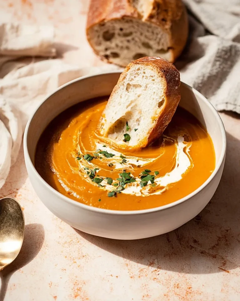 Bowl of Sweet Potato Pumpkin Soup garnished with herbs
