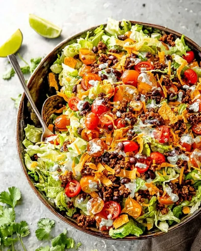 Colorful and fresh taco salad with vegetables, beans, and tortilla chips.