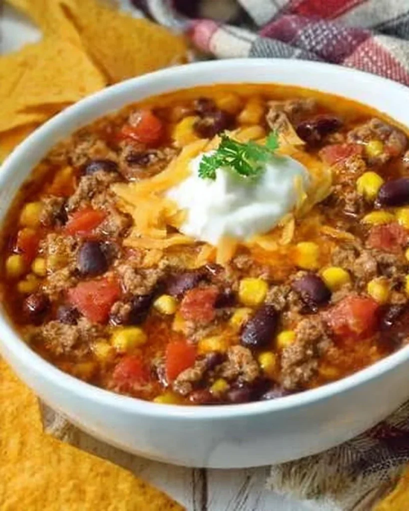 A bowl of delicious Taco Soup topped with cheese and cilantro