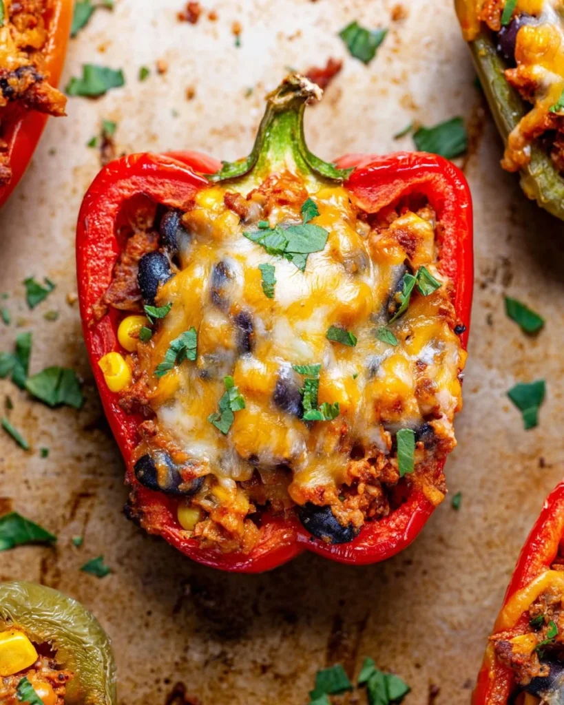Taco stuffed bell peppers filled with beef, cheese, and spices on a plate.
