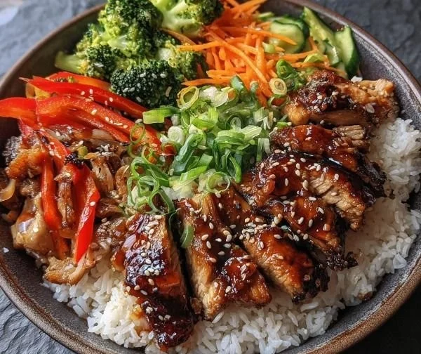 Teriyaki chicken rice bowl with vegetables and sauce