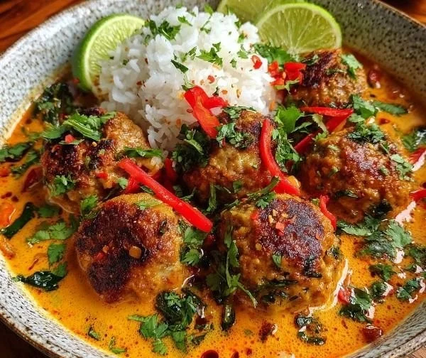 Thai coconut curry meatballs garnished with herbs in a bowl