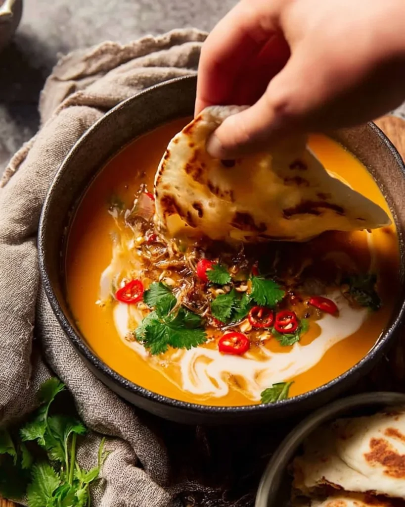 Bowl of Thai coconut pumpkin soup garnished with herbs and spices.