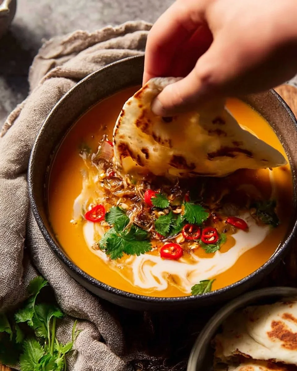 Bowl of Thai coconut pumpkin soup garnished with herbs and spices.