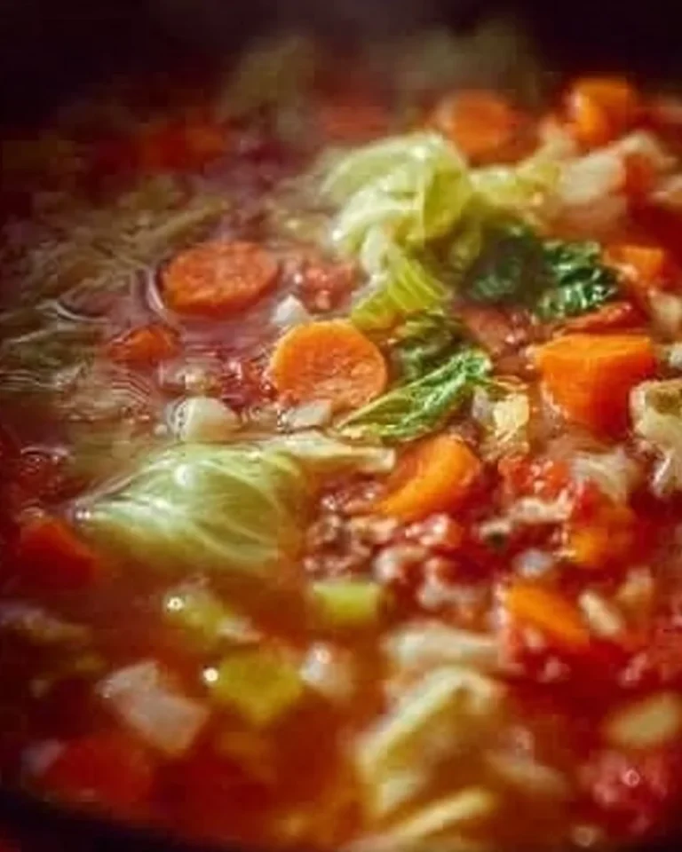 Delicious bowl of the best cabbage soup garnished with herbs.