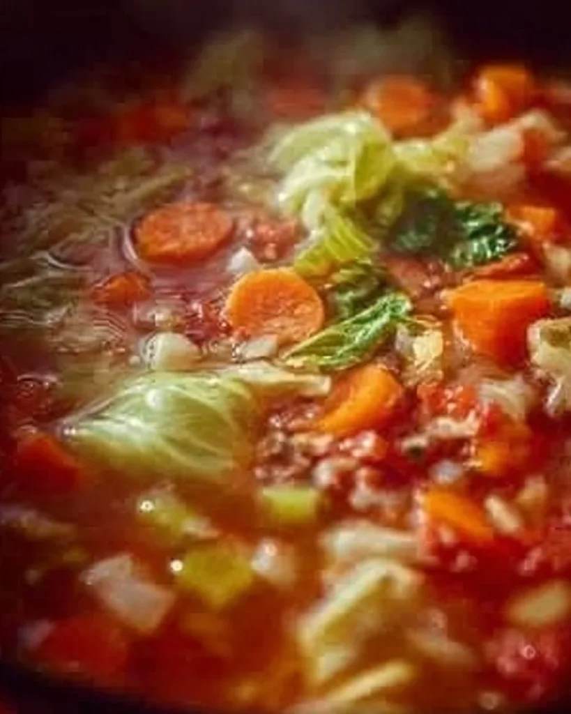 Delicious bowl of the best cabbage soup garnished with herbs.