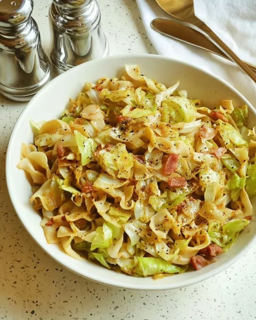 A serving of traditional Haluski featuring noodles, cabbage, and onions.