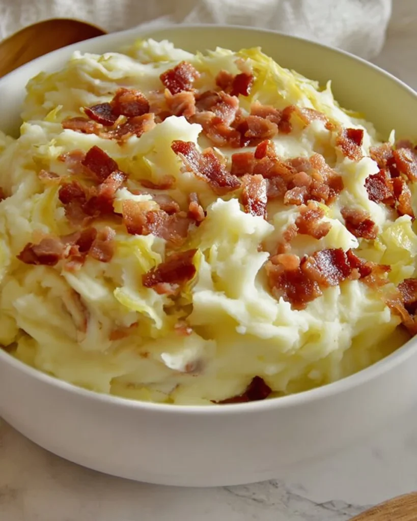 Traditional Irish colcannon dish with mashed potatoes and greens