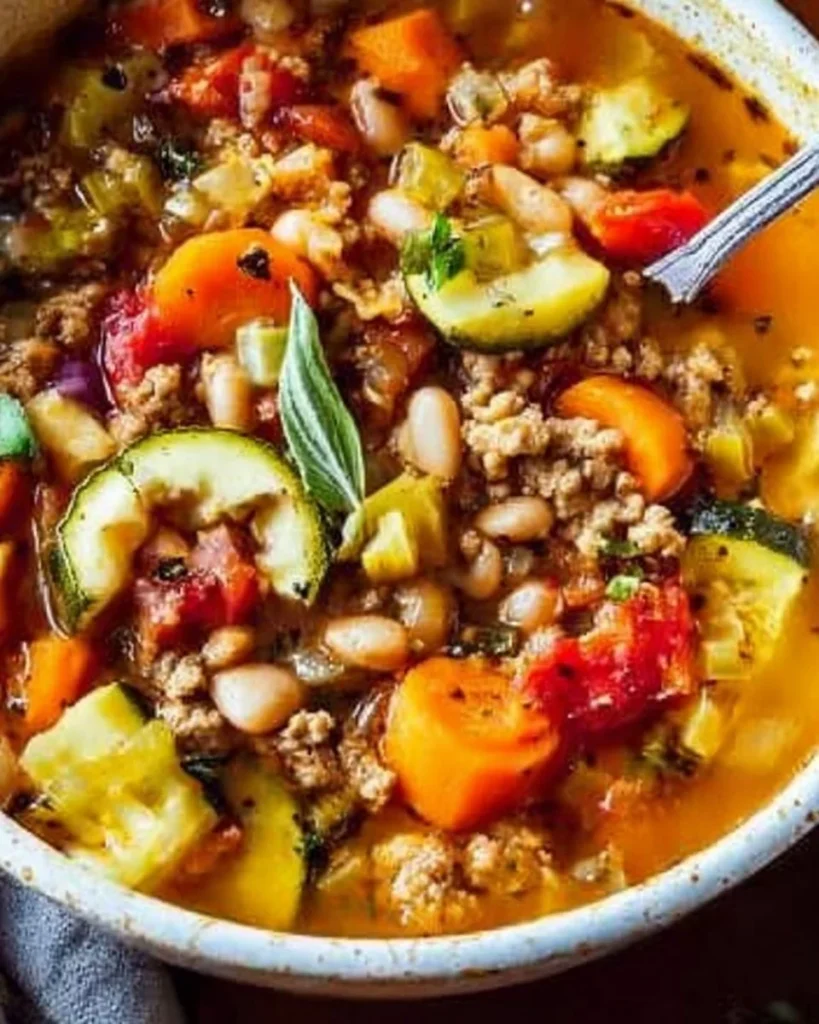 A bowl of delicious turkey vegetable soup filled with fresh ingredients.