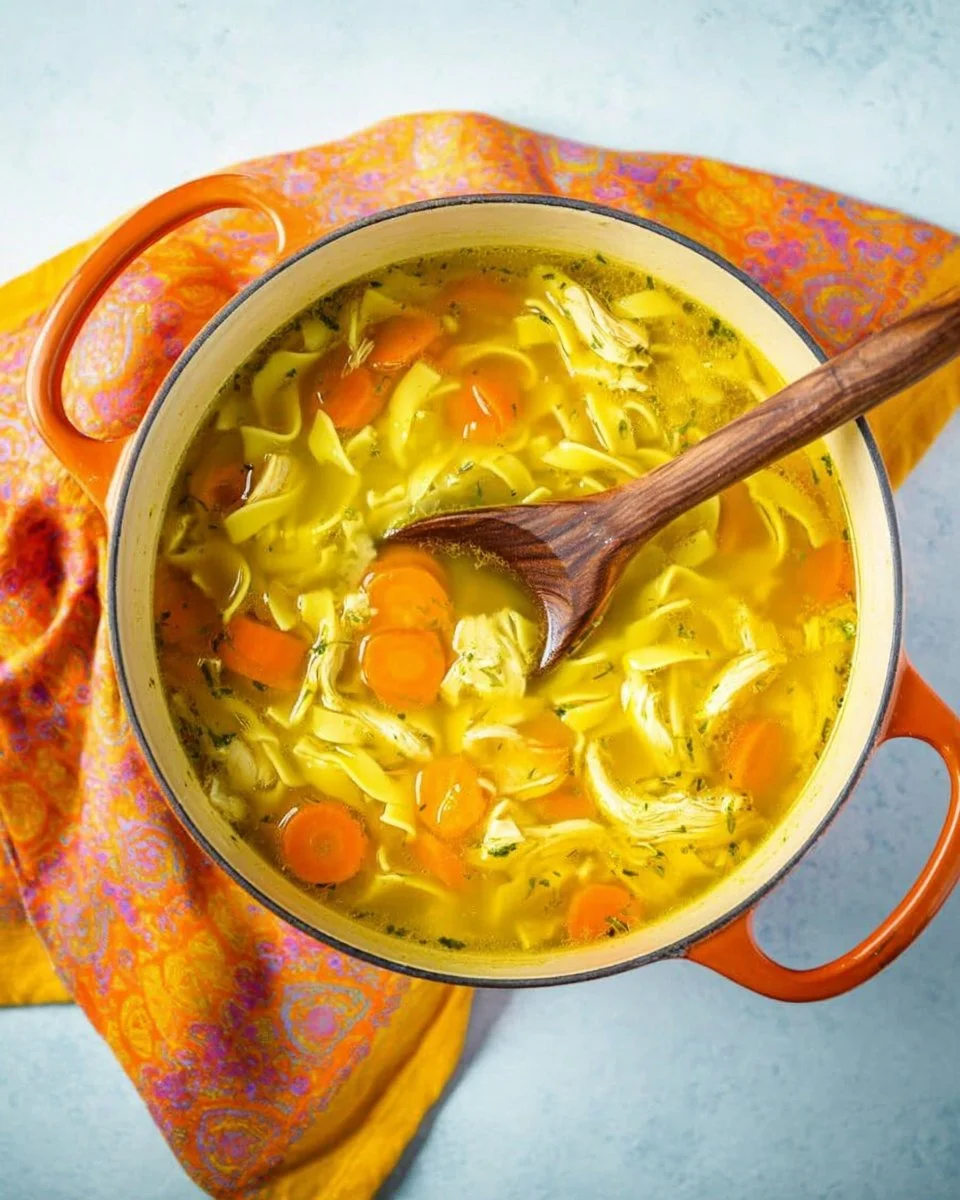 Bowl of turmeric chicken noodle soup with herbs and spices