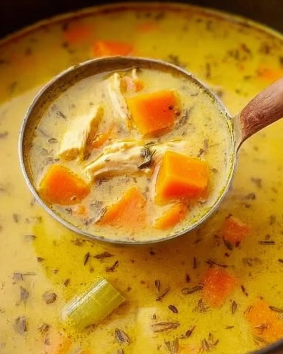 Bowl of turmeric chicken soup filled with spices and vegetables