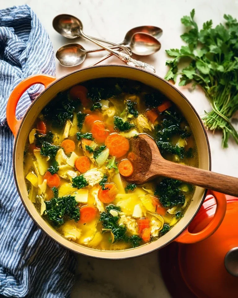 Turmeric-Ginger Chicken Vegetable Soup in a bowl with fresh herbs