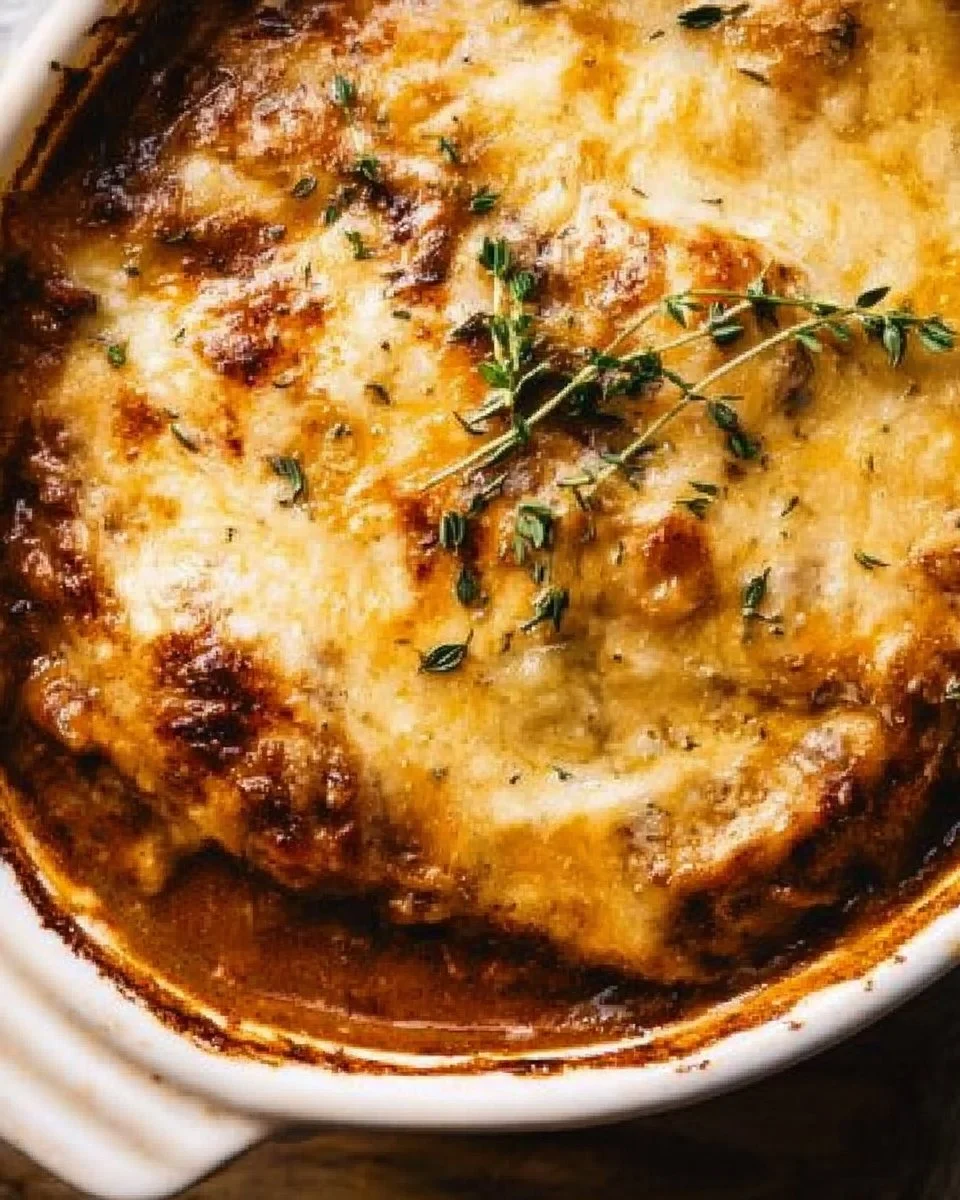 A bowl of homemade Ultimate French Onion Soup topped with melted cheese