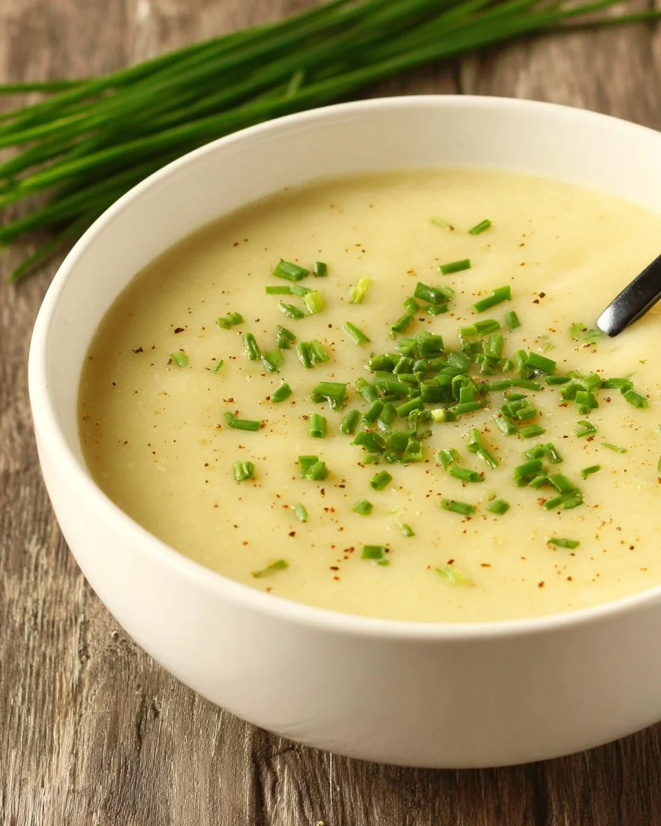 Bowl of vegan potato leek soup garnished with fresh herbs