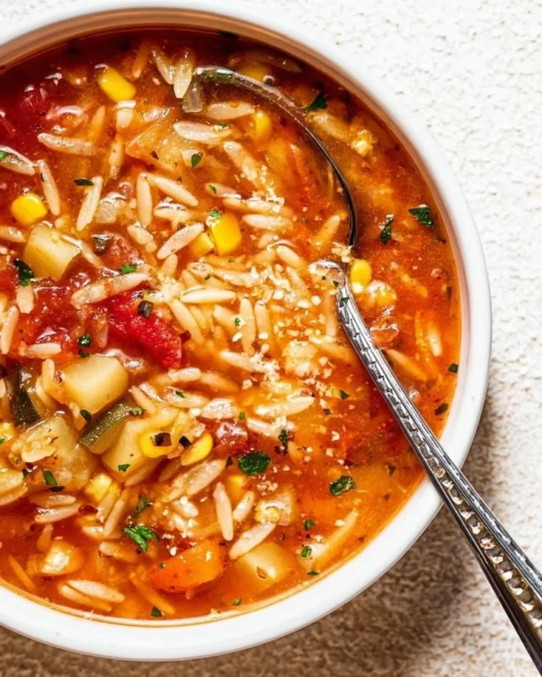 Bowl of hearty vegetable orzo soup garnished with fresh herbs