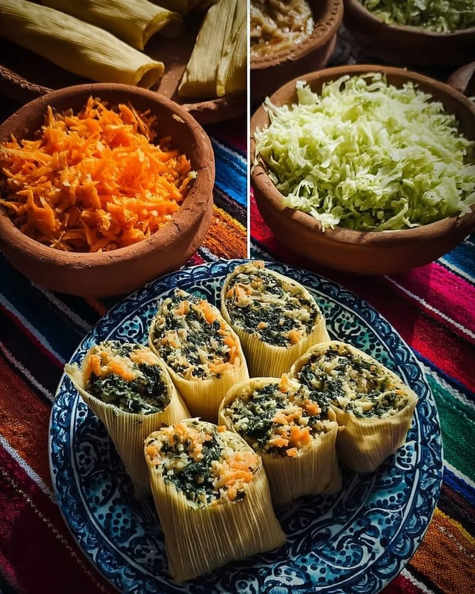 Vegetable tamales with cheese served on a plate, vibrant and appetizing.