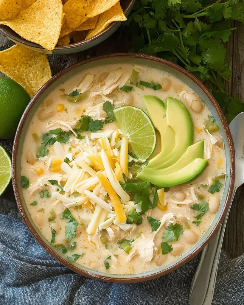 Delicious bowl of white chicken chili topped with fresh herbs