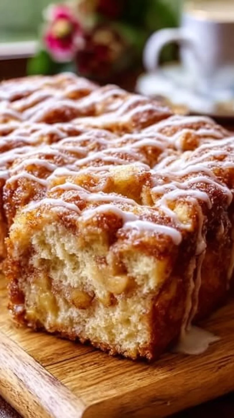 Sliced Amish Apple Fritter Bread topped with icing and fresh apples