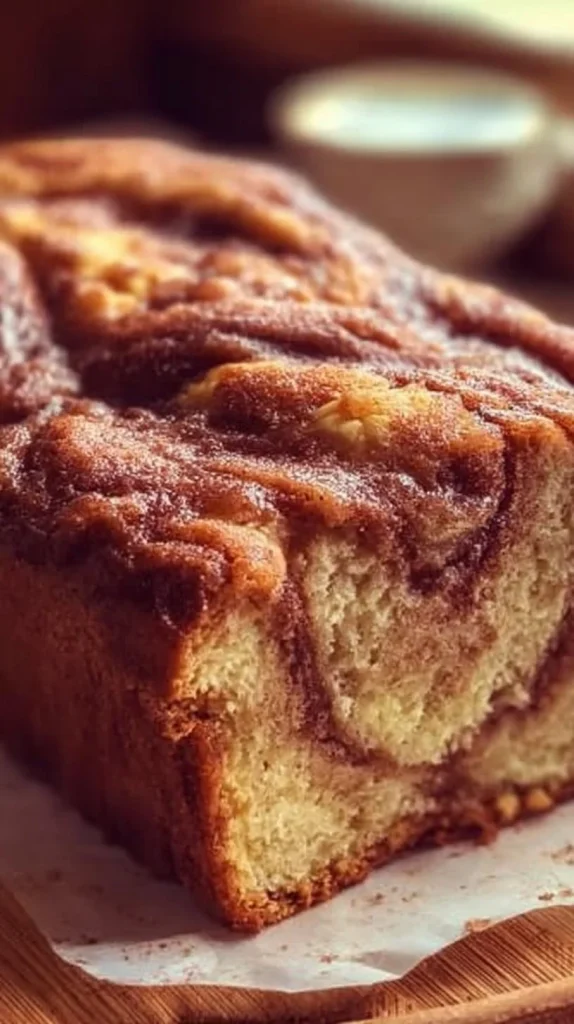 Loaf of homemade Amish Cinnamon Bread with a sticky cinnamon topping