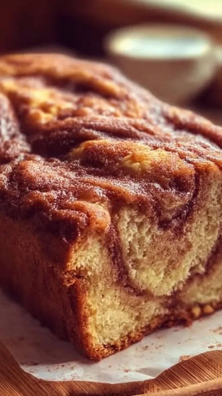 Loaf of homemade Amish Cinnamon Bread with a sticky cinnamon topping