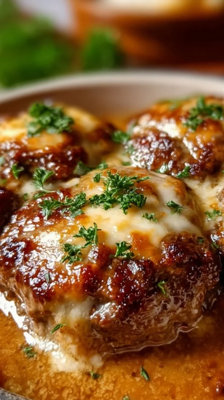 Amish hamburger steak bake dish with savory toppings and ingredients