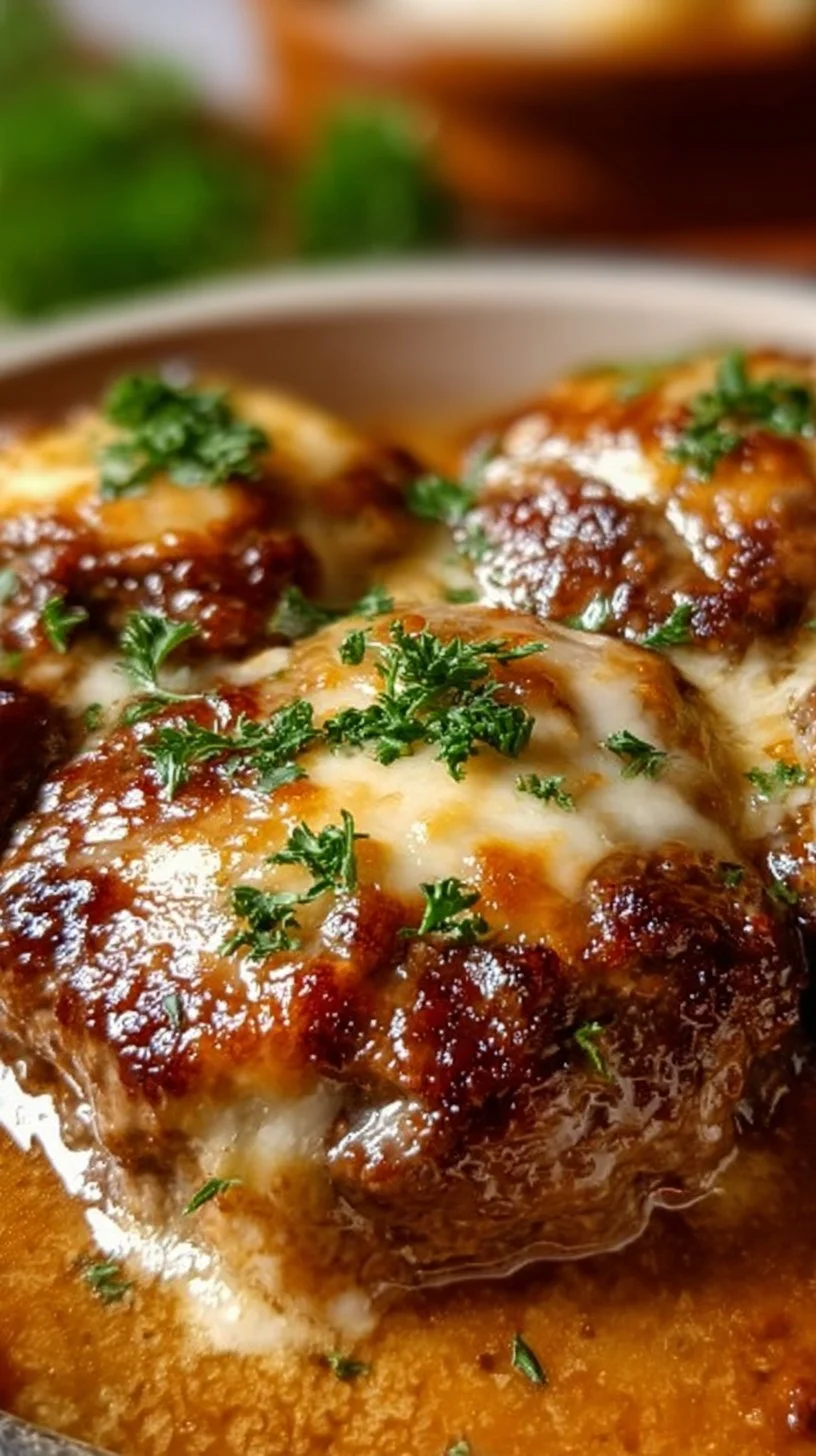 Amish hamburger steak bake dish with savory toppings and ingredients