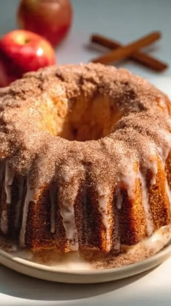 Slice of Apple Cider Bundt Cake with autumn spices on a wooden table