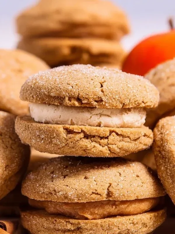 Delicious apple cider whoopie pies on a rustic wooden table, perfect fall dessert.
