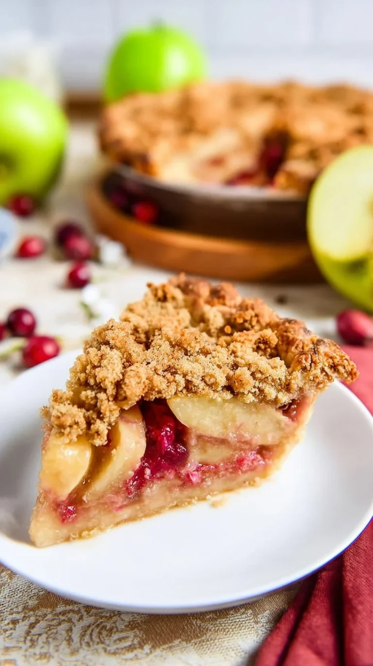 Slice of Apple Cranberry Crumble Pie with a crispy crumble topping