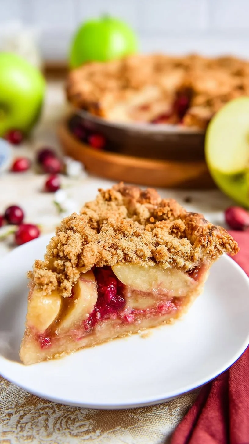 Slice of Apple Cranberry Crumble Pie with a crispy crumble topping
