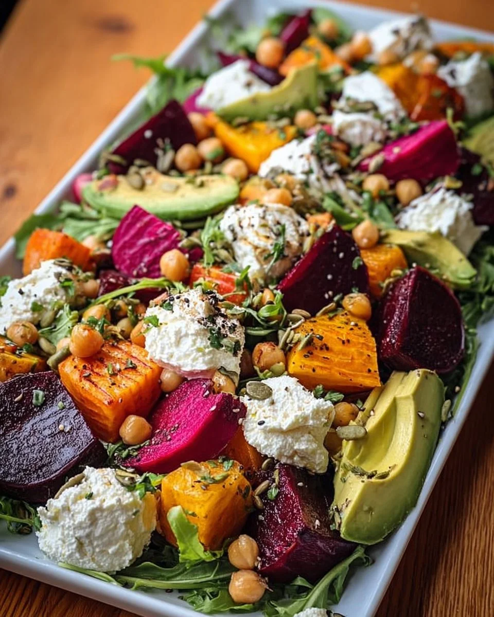 Autumn Harvest Salad with whipped ricotta and crunchy chickpeas in a bowl